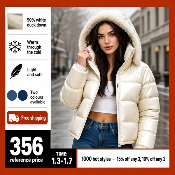 [Format]
Professional e-commerce product main image, square 1:1, winter fashion model promo wrapped in a warm red-orange frame.

[Colors]
Background a blurred winter street in muted grey-beige; frame strips and accents burnt orange-red #b4522e; cream jacket and white crop top; No inner frame border.

[Layout]
A coloured border wraps the frame; a white spec column runs down the left; the model fills the centre-right; a black price block and a white offer band sit along the bottom.

[Subject]
A young white / Caucasian woman with long dark hair wearing a glossy cream hooded puffer jacket over a white crop top and blue jeans, hood up, one hand raised to her collar, looking at the camera against blurred winter architecture.

[Headline]
Left column rows: a fur-trim swatch labelled "90% white duck down"; a snowflake icon "Warm through the cold"; a feather icon "Light and soft"; two colour dots "Two colours available"; a red courier badge "Free shipping". Bottom: "356" in huge white on black labelled "reference price", with "TIME: 1.3-1.7" beside it; white band: "1000 hot styles — 15% off any 3, 10% off any 2" in black.

[Mood]
Cosy, seasonal and deal-forward; winter streetlight neutrals with warm terracotta framing.