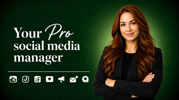 [Format]
Landscape 16:9 gig cover, elegant single-panel layout: rich dark-green backdrop, large serif headline, one photographic subject. Smooth matte finish with a subtle vignette. No watermark, no personal names.

[Layout]
The entire frame is one deep forest-green field with a gentle radial lightening behind the subject. The subject stands on the right half, full height, arms crossed. The left half carries a left-aligned three-line headline in the upper-middle area, a thin white horizontal rule beneath it, and under the rule a single row of seven small white social glyphs. Everything sits in one calm vertical band; no panels, no plates, no extra decoration.

[Subject]
A woman in her late twenties with very long auburn-brown wavy hair, wearing a black long-sleeve top under a dark blazer, arms folded across her waist, three-quarter turn toward camera with a soft smile, chest-up, warm even lighting, occupying the right half from mid-frame to the bottom edge.

[Headline]
Left-aligned in a large white serif with mixed styling: "Your Pro" on the first line with "Pro" in a flowing script face, then "social media" and "manager" in the serif on lines two and three. Below the text block, a thin white divider line, then the icon row.

[Badges]
One small row of seven white social glyphs under the headline: Instagram, Facebook, Pinterest, LinkedIn, Google+, Twitter and YouTube outline marks, evenly spaced.

[Mood]
Deep forest green, white and warm auburn; calm, premium, trustworthy. At thumbnail size the white serif block against the green field and the crossed-arms silhouette on the right make the layout instantly readable.