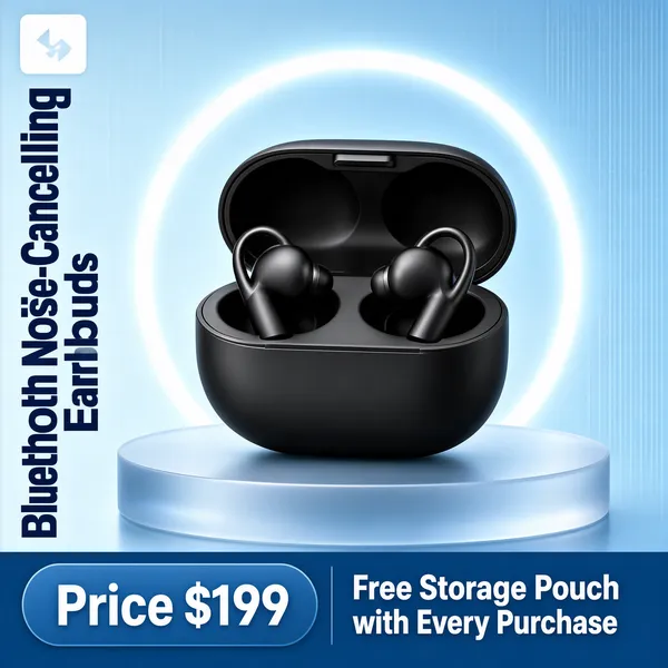 [Format] Professional e-commerce product main image, square 1:1, sleek tech-gadget showcase with soft gradient staging. [Colors] Background of pale blue gradient (#dceafc to #a7c8ee) with a glowing circular ring light behind the case and a frosted round podium with gentle reflections, primary accent of matte-black gear, navy type and a steel-blue base bar (#3e6fa8). No frame border. [Layout] Small white logo chip top left; a vertical navy headline column runs down the left edge in tall stacked lettering; the open charging case sits center on the circular podium casting a soft shadow; the bottom fifth is a solid blue bar split between a rounded price block on the left and a gift note on the right. [Subject] Matte-black wireless earbuds with curved ear hooks resting inside an open pebble-shaped charging case, soft studio highlights tracing the curves. [Headline] Vertical navy characters on the left read 'Bluetooth Noise-Cancelling Earbuds' stacked downward in bold; blue base bar shows 'Price $199' in white on the left pill and 'Free Storage Pouch with Every Purchase' in large white letters to the right. [Mood] Calm, modern and premium, with quiet confidence in the sound quality.