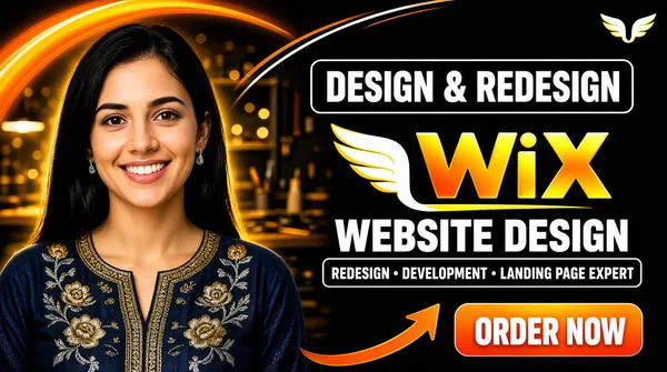 [Format]
Professional Fiverr gig cover, landscape 16:9 banner. Warm dark-and-gold commercial advertising style with a glossy outlined platform wordmark. Premium and friendly. No watermark, no personal names.

[Layout]
A dark, softly blurred workshop interior fills the background, warmed by a large bright orange-and-gold arc sweeping across the upper left and a golden glow behind the subject. The left third holds the subject; the right two-thirds carry the typography. Thin white and orange curved accents cross the field, and a tiny mascot glyph sits near the top-right corner.

[Subject]
Left side, cropped at the chest and bleeding off the left edge: a white / Caucasian young woman with long straight black hair, a warm open smile, wearing a deep-blue kurta embroidered with fine gold and silver floral detailing and small earrings. Soft warm light, sharp focus, looking straight at the camera.

[Headline]
On the right, right-aligned: "DESIGN & REDESIGN" in white caps inside a thin white rounded outline; below, the Wix lockup - a white-and-yellow winged mascot glyph followed by "WiX" in very heavy orange-and-yellow underlined caps with a dark outline; then "WEBSITE DESIGN" in very heavy white caps; then a thin white rounded outline containing "REDESIGN • DEVELOPMENT • LANDING PAGE EXPERT" in small white caps; and at the bottom right an orange gradient rounded button with "ORDER NOW" in bold white caps.

[Graphic accents]
A large hand-drawn orange arrow curving up from below the button toward the subject, soft golden bokeh from the blurred workshop, and a small Wix mascot glyph near the top-right corner.

[Mood]
Warm, expert and inviting; a dark golden workshop ground with a glossy orange Wix wordmark and a friendly designer on the left.
