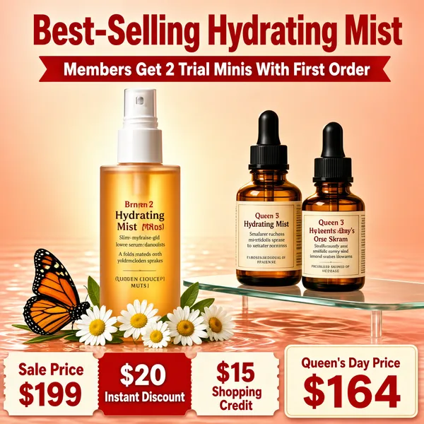 [Format]
Professional e-commerce product main image, square 1:1, warm glowing skincare still-life on a peachy stage with amber glass bottles and red promo chips.

[Colors]
Blush-peach gradient stage (#f6d5c3 range) with a soft water sheen; amber-glass bottles; red display type (#d62839); red and cream coupon chips along the bottom.

[Layout]
The headline runs across the top with a red ribbon pill beneath it; the tall spray bottle stands centre-left with a monarch butterfly and tiny daisies at its base; two dropper bottles sit right on a glass shelf; a coupon strip runs along the bottom with a cream price panel bottom-right.

[Subject]
Centre-left: a slim frosted-glass mist bottle filled with golden serum and a white pump top, softly backlit; right: two small amber dropper bottles with black caps and cream labels; white daisies and a monarch butterfly complete the botanical still-life. No people.

[Headline]
Top: "Best-Selling Hydrating Mist" in heavy red display type; a red ribbon chip beneath: "Members Get 2 Trial Minis With First Order"; bottom coupon strip: "Sale Price $199", "$20 Instant Discount", "$15 Shopping Credit"; bottom-right cream panel: "Queen's Day Price $164" with "$164" in red.

[Mood]
Warm, glowing and premium-skincare; peachy light with amber glass and urgent red promo chips.