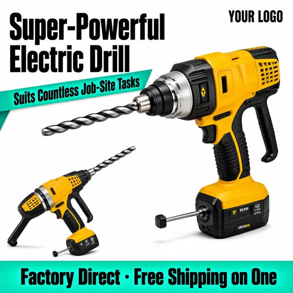 [Format]
Professional e-commerce tool main image, square 1:1, rugged power-tool style on a clean white ground with a yellow-black hero and teal promo graphics.

[Colors]
Pure white studio background; the rotary hammer drills in vivid construction yellow (#f2b705) with black grips, silver collars and steel bits; headline in heavy black caps; a teal angled ribbon and teal band (#39c5a3) with dark text; a small black placeholder seal and "YOUR LOGO" line top-right. No frame border.

[Layout]
The headline sits top-left with a teal angled ribbon beneath it. The large drill stands centre-right at a three-quarter angle, bit pointing up-left; a smaller duplicate drill leans at the lower-left for scale. The bottom teal band spans full width with dark bold text.

[Subject]
No people. A pro-grade rotary hammer drill in yellow and black with an SDS chuck holding a spiral masonry bit, ribbed black rubber grip, silver torque collar, side handle and depth stop; a second compact version of the same tool at lower left; hard-edged product lighting, faint contact shadows.

[Headline]
Top-left in very heavy black caps: "Super-Powerful Electric Drill". The teal ribbon beneath reads "Suits Countless Job-Site Tasks" in dark text.

[Badges]
Bottom teal band, in bold dark caps: "Factory Direct · Free Shipping on One".

[Mood]
Tough, trade-ready and no-nonsense; white catalog clarity with hi-vis yellow steel and teal retail stamps.