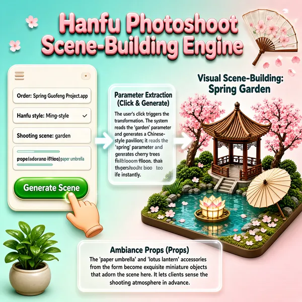 This infographic is themed "Hanfu Photoshoot Scene-Building Engine," set against a soft teal-to-pink gradient background that creates a fresh, elegant Chinese-style atmosphere. The composition is clearly laid out in three main regions — left, center, and right — with dynamic arrows and floating petals conveying the flow from user input to visual generation.

The title "Hanfu Photoshoot Scene-Building Engine" sits at the top center in dimensional, rounded pink lettering, accompanied on the right by a translucent folding-fan ornament with cherry-blossom petals drifting off its surface, enhancing the visual appeal.

The left region shows a "structured requirements form," containing a mock APP interface (Order: Spring Guofeng Project.app) with four parameter options:
- Hanfu style: Ming-style
- Shooting scene: garden
- Prop (paper umbrella): paper umbrella
Below is a green "Generate Scene" button, with a cartoon hand clicking it to represent user interaction.

The center region is the "Parameter Extraction (Click & Generate)" explainer box, whose text reads: "The user's click triggers the transformation. The system reads the 'garden' parameter and generates a Chinese-style pavilion; it reads the 'spring' parameter and generates cherry trees in full bloom. The photoshoot brief comes to life instantly." This section connects the left form to the right scene model via white glowing arrows, visualizing the data flow and conversion process.

The right region, "Visual Scene-Building: Spring Garden," displays a 3D miniature landscape model including:
- A brown Chinese-style hexagonal pavilion
- Two blooming pink cherry trees
- A pool of clear water with a lotus lantern floating on it
- A beige paper umbrella placed at the water's edge
- Green shrubs and scattered cherry-blossom petals all around

The bottom region is the "Ambiance Props (Props)" explainer box, whose text reads: "The 'paper umbrella' and 'lotus lantern' accessories from the form become exquisite miniature objects that adorn the scene here. It lets clients sense the shooting atmosphere in advance."

In addition, a potted green plant sits in the lower-left corner as a decorative element, adding realism to the scene. Combining skeuomorphic UI design, a 3D-modeled scene, and text annotations, the whole infographic intuitively demonstrates the generation process from abstract parameters to a concrete visual scene, underscoring the system's value in improving client experience and communication efficiency. All text is in English, with no other-language or numeric data.