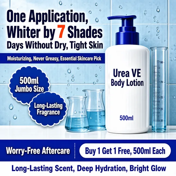 [Format]
Professional e-commerce product main image, square 1:1, clean clinical skincare advertising style with a fresh blue tiled setting and glossy product hero.

[Colors]
A light blue tiled wall background (#bcd9ec range) with soft water droplets and a white counter edge. Accents are cobalt blue, white and cool grey. No frame border.

[Layout]
The tall pump bottle stands centre-right with laboratory beakers and a measuring cylinder beside it. The headline fills the upper left, two blue seal circles overlap at mid-left, and a bottom band in blue and white carries the promo and benefit lines.

[Subject]
No people. A large white cylindrical body-lotion bottle with a cobalt blue pump head, its label reading "Urea VE Body Lotion" with a net-content note "500ml", slick water droplets running down the tiles behind.

[Headline]
Upper left: "One Application, Whiter by 7 Shades" in very heavy navy caps with the numerals in orange-red, then "Days Without Dry, Tight Skin" in heavy dark caps. Beneath, a small blue band: "Moisturizing, Never Greasy, Essential Skincare Pick". Two blue scalloped seals at mid-left: "500ml Jumbo Size" and "Long-Lasting Fragrance". Bottom: a blue band with white bold "Worry-Free Aftercare" and a white pill reading "Buy 1 Get 1 Free, 500ml Each"; a white strip below with bold blue text "Long-Lasting Scent, Deep Hydration, Bright Glow".

[Mood]
Fresh, hydrating and pharmacy-clean; cool blue tile freshness with confident clinical claims.