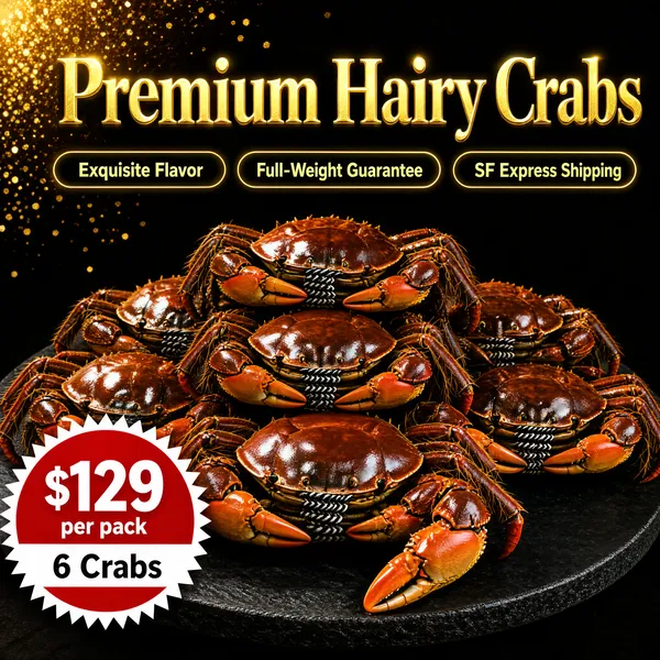 [Format]
Professional e-commerce product main image, square 1:1, premium dark seafood-advertising style with glittering gold typography and dramatic spotlighting.

[Colors]
Near-black background (#120d08 range) with golden bokeh sparks and a warm glow upper-left; primary accent luminous gold; a round black stone plate holds the catch; a red circular price tag pops on the left; No frame border.

[Layout]
The headline blazes across the top; three outlined claim pills sit directly beneath it in a row; the heaped plate of crabs fills the lower two-thirds; a red price medallion overlaps the plate's left edge.

[Subject]
No people. A generous pile of cooked hairy crabs still bound in black-and-white braided cord, glossy dark shells with orange-tipped claws stacked high on a matte black round plate; a soft golden rim light traces the shells and one crab leg reaches toward the viewer.

[Headline]
Top centre: "Premium Hairy Crabs" in enormous embossed gold serif caps with a glittering metallic sheen and warm glow. Beneath, three thin gold-outlined pills with gold text: "Exquisite Flavor", "Full-Weight Guarantee", "SF Express Shipping".

[Badges]
Left of centre: a solid red circle with a jagged white burst edge containing "$129" in very large white numerals, "per pack" small, and "6 Crabs" on a white band beneath.

[Mood]
Festive, indulgent and premium; black-tie darkness with molten gold type and appetite-rich warm lighting fit for a banquet campaign.