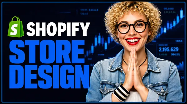 [Format]
Professional Fiverr gig cover, landscape 16:9 banner, dark e-commerce advertising style framed by a thin bright-blue border. Glossy, confident and money-focused. No watermark, no personal names.

[Layout]
A dark navy ground overlaid with a blurred blue financial backdrop, so faint candlestick shapes and drifting index figures sit behind the right side and the whole field reads as a dim stock-market dashboard. A thin electric-blue rule frames the entire banner just inside the edge. The left two-thirds hold the logo and headline; the subject fills the right third and bleeds off the top and bottom edges.

[Subject]
Right third: a young white / Caucasian woman with a halo of short curly blonde hair, thick round dark-framed glasses, a bright open smile with red lipstick, wearing a light-washed denim jacket over a white ribbed tank top, a thin black cord necklace and a striped cuff at her wrist, her palms pressed together in front of her chin in a delighted pose. Warm studio light against the cool blue ground, sharp focus.

[Headline]
Stacked on the left, left-aligned: a green Shopify shopping-bag glyph followed by "SHOPIFY" in heavy white caps; beneath it "STORE" in very heavy bright-blue condensed caps; then "DESIGN" in the same very heavy bright-blue condensed caps.

[Mood]
Fast, money-making and upbeat; a cool market-blue ground with loud blue-and-white type and a delighted, approachable face.