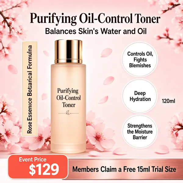 [Format] Professional e-commerce product main image, square 1:1, romantic cherry-blossom skincare poster with soft-focus flora. [Colors] Background of blush pink gradient (#f7dfe3 to #fbeef0) scattered with drifting petals and blossom branches, primary accent of a nude-glass bottle with a champagne-gold cap, deep brown title type, white outline claim circles, coral price block. No frame border. [Layout] Two-line brown headline centers the top; the bottle stands tall center-left; a slim beige vertical strip with brown text runs along the bottle's left; three thin white circles with brown claims stack down the right; a '120ml' note sits mid-right; the bottom quarter pairs a coral price capsule on the left with a rose-gold membership bar on the right. [Subject] A cylindrical frosted-nude toner bottle with a polished gold screw cap and minimal labeling, glowing softly among pink blossoms. [Headline] Title 'Purifying Oil-Control Toner' with subtitle 'Balances Skin's Water and Oil'; vertical strip reads 'Rose Essence Botanical Formula'; circles state 'Controls Oil, Fights Blemishes', 'Deep Hydration', 'Strengthens the Moisture Barrier'; bottom shows 'Event Price $129' and 'Members Claim a Free 15ml Trial Size'. [Mood] Delicate, feminine and petal-soft, a serene floral skincare moment.