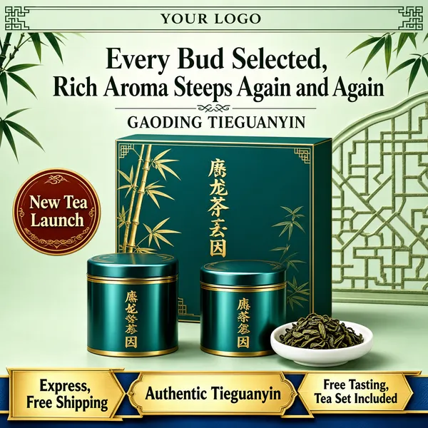 [Format]
Professional e-commerce product main image, square 1:1, elegant Chinese-style promo for premium oolong tea.

[Colors]
Soft celadon-green background (#d8e8df range) with bamboo leaves and a carved lattice screen, teal gift box, metallic teal tea tins with gold lettering, dark green headline text, gold trim accents.

[Layout]
Brand strip across the top, headline upper center with a latin subline, round badge at left middle, gift box at center with two tins in front and a white dish of loose leaves, gold ribbon blocks along the bottom.

[Subject]
A rectangular teal tea gift box with gold bamboo illustration and vertical lettering, two matching teal cylindrical tea caddies, and a small white dish holding curved green tea leaves.

[Headline]
Top strip: "YOUR LOGO". Headline: "Every Bud Selected, Rich Aroma Steeps Again and Again" in deep green serif, latin subline "GAODING TIEGUANYIN". Round red-brown badge: "New Tea Launch". Bottom: gold block "Express, Free Shipping" on the left, ribbon "Authentic Tieguanyin" and "Free Tasting, Tea Set Included".

[Badges]
Round "New Tea Launch" seal at mid-left; layered gold-and-blue ribbon banners along the bottom edge.

[Mood]
Refined, serene and ceremonious, an oriental gift-worthy tea moment.