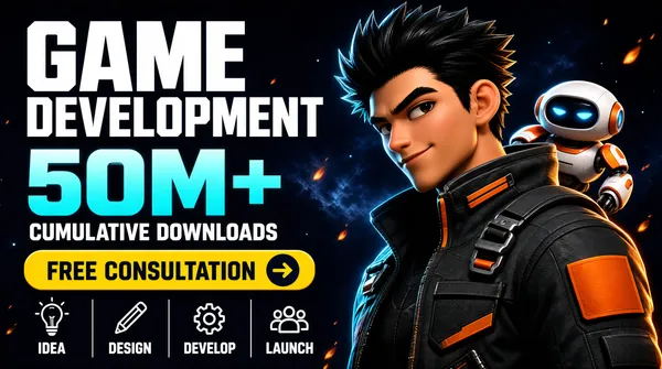 [Format]
Landscape 16:9 gig cover, stylised 3D-animated hero key art, cinematic dark-space backdrop, premium game-studio render finish. No watermark, no personal names.

[Layout]
The right ~45% of the frame holds a 3D-rendered character group against a dark navy nebula background with faint stars and drifting orange embers. The character's head sits near the top edge, a small robot companion peeking over his right shoulder, the figures cropped at the bottom of the frame. The left ~55% carries a stacked text block: a two-line headline at the top, a large cyan stat line, a white stat caption, a pill-shaped call-to-action button, and finally a horizontal row of four small process icons with labels running along the bottom-left. A soft cyan-orange rim light separates the character from the background and gives the only strong depth cue.

[Subject]
A stylised 3D animated young man with spiky black hair and a confident smirk, wearing a charcoal-and-orange utility jacket with shoulder straps, buckles and an orange shoulder patch, three-quarter view facing left toward the text; a small white-and-orange hovering robot with glowing blue eyes at his right shoulder.

[Headline]
"GAME" in enormous white extra-bold caps (~16% of frame height), "DEVELOPMENT" beneath in white extra-bold caps slightly smaller; then "50M+" in giant bold letters filled with a light-to-cyan gradient; beneath it "CUMULATIVE DOWNLOADS" in white bold caps about a quarter the stat's size; then a yellow rounded pill button with dark bold caps "FREE CONSULTATION" and a dark circular arrow icon at its right end. Bottom-left row: four thin-line white icons (lightbulb, pencil, gear, group-of-people) labelled in small white caps "IDEA", "DESIGN", "DEVELOP", "LAUNCH", separated by thin vertical dividers.

[Badges]
none beyond the four white process icons and their labels.

[Mood]
Deep navy and charcoal with a vivid cyan-plus-orange accent pair; confident blockbuster energy; at thumbnail size the huge white GAME DEVELOPMENT stack and the orange-jacketed character carry the whole composition.