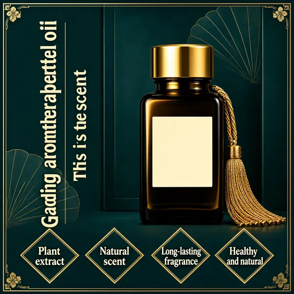 [Format]
Professional e-commerce product main image, square 1:1, oriental-luxe home-fragrance style.
[Colors]
Deep teal background #1d4f57 with faint fan-shaped leaf motifs in the upper-right and lower-left corners and gold corner flourishes; an amber-black glass bottle with a glossy gold cap and gold tassel; cream-gold vertical type. A thin gold line frame inset from the edges with small floral corner marks.
[Layout]
A vertical headline column on the left; the bottle hero centre-right with a hanging gold tassel; a row of four diamond seal badges across the bottom.
[Subject]
A dark amber apothecary-style aromatherapy oil bottle with a square blank label plate catching a slim vertical highlight, a glossy gold screw cap and a braided gold tassel draped from the neck, standing in soft moody light against teal decor panels. No people.
[Headline]
Left, large vertical cream-gold display text: "Gaoding aromatherapy essential oil"; beside it a smaller vertical line: "This is the scent".
[Badges]
Bottom, four gold-outlined diamond seals with two-line cream text: "Plant extract", "Natural scent", "Long-lasting fragrance" and "Healthy and natural".
[Mood]
Serene, refined and oriental; deep teal stillness with gold warmth and tassel detail, calm premium home-scent atmosphere.
