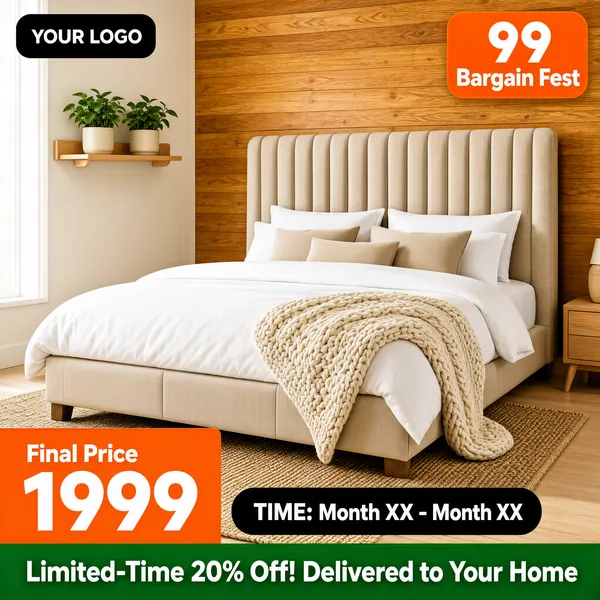 [Format]
Professional e-commerce product main image, square 1:1, warm Scandinavian bedroom scene for a 99 festival furniture sale.

[Colors]
Warm honey wood-plank accent wall (#c89868); soft beige upholstery and white bedding; cream textiles; orange accent blocks and tags (#f08030); light wood floor with a woven rug. No frame border.

[Layout]
The bed fills the center-right in a bright airy room; a hanging shelf with plants sits upper left; the logo chip is at the top left; an orange season tag is at the top right; the bottom stack runs an orange price block on the left, a black date pill and a green offer band across the full width.

[Subject]
A beige upholstered bed with a tall channel-tufted headboard, dressed in white linens, layered pillows and a chunky cream knit throw draped over the corner.

[Headline]
Orange tag: '99 Bargain Fest' in white; lower-left orange block: 'Final Price' above a huge '1999'; black pill: 'TIME: Month XX - Month XX'; green band: 'Limited-Time 20% Off! Delivered to Your Home' in white.

[Badges]
Black rounded 'YOUR LOGO' chip top left; orange season tag; green offer band.

[Mood]
Warm, hygge-inspired bedroom comfort with cheerful festival savings.