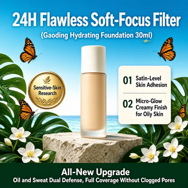 [Format] Professional e-commerce product main image, square 1:1, airy tropical beauty scene with sky, sea and foliage.
[Colors] Clear sky-blue gradient from #6fbfe8 down to near-white at the horizon, tropical leaves in layered greens, warm ivory product tones, and a deep pine-green base band #1e4d3a; no frame border.
[Layout] The white headline spans the top with a parenthetical subtitle beneath; the bottle rests on a stone pedestal at center; an info card floats to the right; a gold seal sits mid-left; butterflies and white blossoms scatter throughout; a full-width dark-green strip closes the bottom.
[Subject] A slim frosted-glass foundation bottle in warm ivory with a matte white cap, standing on a raw stone plinth surrounded by monstera leaves and monarch butterflies.
[Headline] 24H Flawless Soft-Focus Filter in wide white letters; subtitle Gaoding Hydrating Foundation 30ml in parentheses with a small gold signature flourish; the right card lists 01 Satin-Level Skin Adhesion and 02 Micro-Glow Creamy Finish for Oily Skin; the gold seal reads Sensitive-Skin Research.
[Badges] The bottom green strip pairs the phrase All-New Upgrade with Oil and Sweat Dual Defense, Full Coverage Without Clogged Pores in white.
[Mood] Fresh, weightless and radiantly clean.