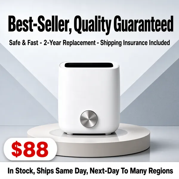 [Format]
Professional e-commerce product main image, square 1:1, sleek tech-appliance promo style with a cool grey geometric set and a punchy red price bar.

[Colors]
A light grey background (#dfe3e6 range) overlaid with subtle diagonal geometric panels in lighter and darker grey, a white matte humidifier as the bright focus, black trust-line type, red price numerals on a white pill, and a white claim strip with dark caps. No frame border.

[Layout]
The headline pair spans the top with a smaller trust line beneath it. The humidifier sits centred on a low round podium with a soft ring shadow. The bottom quarter holds a white price pill at the left with a red "$88" and a full-width claim bar with dark service text.

[Subject]
A minimalist white ultrasonic humidifier with a soft rounded rectangular body, a slim dark mist slot on the upper front and a brushed-metal rotary dial at the base, smooth matte finish, even studio light with a gentle reflection on the podium.

[Headline]
"Best-Seller, Quality Guaranteed" in very heavy black caps across the top; beneath it a lighter line "Safe & Fast - 2-Year Replacement - Shipping Insurance Included" in black. Bottom-left: "$88" in huge red numerals inside a white pill. Bottom bar: "In Stock, Ships Same Day, Next-Day To Many Regions" in bold dark caps.

[Badges]
No badge row; the trust line and service bar carry the reassurance.

[Mood]
Clean, dependable and quietly premium; cool grey geometry with one warm red price pop that anchors the deal.