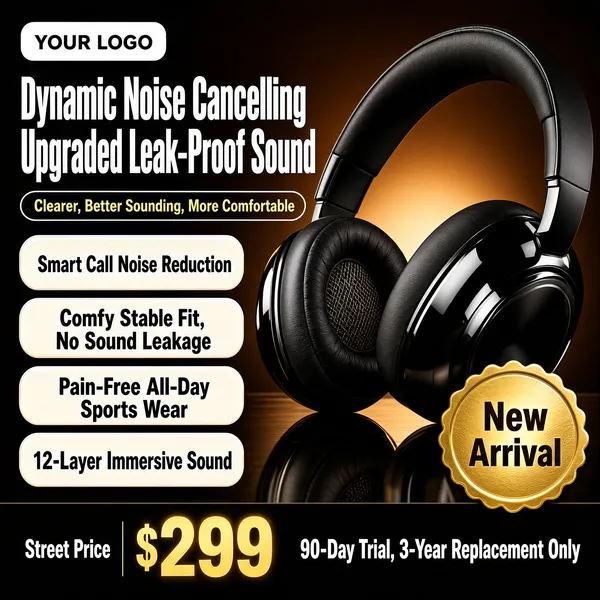 [Format]
Professional e-commerce product main image, square 1:1, dark premium tech-promo style with a moody spotlight and stacked benefit pills.

[Colors]
Background is a deep warm brown-to-black gradient (#3a2a1c to #171009) with a soft spotlight behind the product; the headline is bold white; the sub-pill is outlined in white with gold text; four feature pills are cream white with dark charcoal text; a gold scalloped badge and gold price glow accent the lower half; the bottom band is near-black. No frame border.

[Layout]
A white logo pill sits at the top; the headline stack occupies the upper left in three tiers; the black headphones dominate the right two-thirds, angled dynamically with reflections on a dark glossy surface; four cream pills run down the left beneath the headline; a gold seal overlaps the lower right; a full-width dark strip anchors the bottom.

[Subject]
No people. A pair of glossy black over-ear wireless headphones shot at a dynamic tilt: shiny curved earcup shells catching a bright highlight, matte cushioned headband, fine mesh grille visible inside one earpad, mirrored faintly on the dark tabletop below.

[Headline]
Top pill: a gold seal glyph and "YOUR LOGO". Headline, heavy white condensed caps on two lines: "Dynamic Noise Cancelling" and "Upgraded Leak-Proof Sound". Beneath, an outlined pill in gold: "Clearer, Better Sounding, More Comfortable". Four cream pills: "Smart Call Noise Reduction", "Comfy Stable Fit, No Sound Leakage", "Pain-Free All-Day Sports Wear", "12-Layer Immersive Sound".

[Badges]
A gold scalloped seal at lower right reads "New Arrival" on two lines. Bottom strip: "Street Price" beside a giant gold "299" with "$" prefix, then bold white "90-Day Trial, 3-Year Replacement Only".

[Mood]
Sleek, powerful and premium; glossy black hardware glowing under warm spotlight drama.