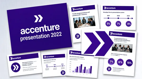 [Format]
Landscape 16:9 gig cover, clean purple-and-white slide collage. Corporate tech aesthetic, no watermark, no personal names.

[Layout]
A light grey-to-white gradient background with multiple presentation-slide mockups scattered at angles across the frame. The slides are mostly white with purple headers and accents, overlapping to create depth. A large central purple slide dominates the upper-left area.

[Subject]
Small photos of professionals in meetings appear inside some slide frames, but no large human cut-out is present.

[Headline]
The central purple slide shows the Accenture wordmark in large white lowercase with its small chevron glyph above it, and the text "accenture presentation 2022" beneath. Other slides show timeline graphics, percentage callouts, and the same Accenture wordmark in their headers.

[Badges]
Small purple circular icons with white abstract marks sit on several slides, and a large purple Accenture chevron overlays one slide.

[Mood]
Purple, white, and grey palette, corporate and polished, reads as a professional corporate presentation template or redesign service.