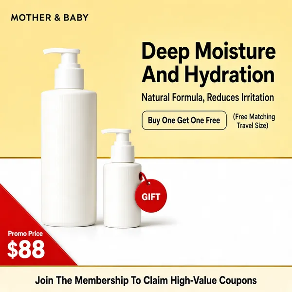 [Format]
Professional e-commerce product main image, square 1:1, gentle mother-and-baby skincare layout in warm cream tones.

[Colors]
Background split into a soft butter-yellow upper field (#f6e3b8) and a clean white lower field meeting at a thin gold horizon line; black and warm-grey type; a single red accent tag. No frame border.

[Layout]
Brand lockup top-left; headline and benefit lines on the right; the large bottle on the left standing on the white field; a smaller travel bottle to its right with a red gift tag; a red price corner lower left; a cream footer strip along the bottom.

[Subject]
No people. A tall white cylindrical lotion bottle with a white pump dispenser, matte unlabeled finish, beside a miniature duplicate travel-size bottle marked with a round red tag; clean product lighting with soft contact shadows.

[Headline]
Bold black characters "Deep Moisture And Hydration"; beneath, a warm-grey line "Natural Formula, Reduces Irritation"; then a small bordered pill "Buy One Get One Free" followed by fine print "(Free Matching Travel Size)".

[Badges]
Lower-left red corner ribbon with "Promo Price" above a large "$88". Bottom strip: dark text "Join The Membership To Claim High-Value Coupons".

[Mood]
Soft, pure and family-safe; warm cream minimalism with tidy black type and a friendly gift-with-purchase touch.