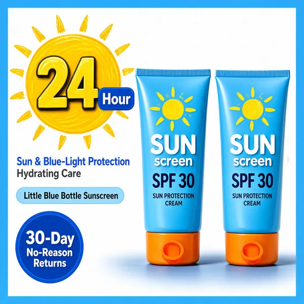 [Format]
Professional e-commerce product main image, square 1:1, bright summery sun-care advertising with a friendly bordered layout.

[Colors]
Background is a clean white field enclosed by a medium sky-blue frame border, with soft blue-grey floor shading beneath the products. Accents are sunny golden-yellow on the sun motif and big number, sky blue and tangerine orange on the tubes, and a solid blue circular badge at the lower left.

[Layout]
The upper-left quadrant holds a large sun icon with the protection-hours figure inside its rays, followed by stacked benefit lines. A small pill sits mid-left. A large blue circle badge anchors the lower left. Two identical sunscreen tubes stand side by side slightly right of centre, filling the vertical middle of the frame.

[Subject]
Two tall soft-tube sunscreen bottles in glossy sky blue with tangerine-orange flip caps, each printed with a yellow hand-drawn sun doodle, the word "SUN" in bold white caps, "screen" beneath it, "SPF 30" and a small "SUN PROTECTION CREAM" line; they stand shoulder to shoulder catching bright even light. No people.

[Headline]
Upper left, inside the sun's rays: "24" in huge golden numerals with a small "Hour" tag beside it. Below: "Sun & Blue-Light Protection" and "Hydrating Care" in blue and dark-grey characters, then a slim pill reading "Little Blue Bottle Sunscreen". Lower-left blue circle: "30-Day No-Reason Returns" in white, with the numeral oversized.

[Mood]
Sunny, protective and family-friendly; beach-bright blue and orange with playful doodle energy and unmistakable SPF messaging.