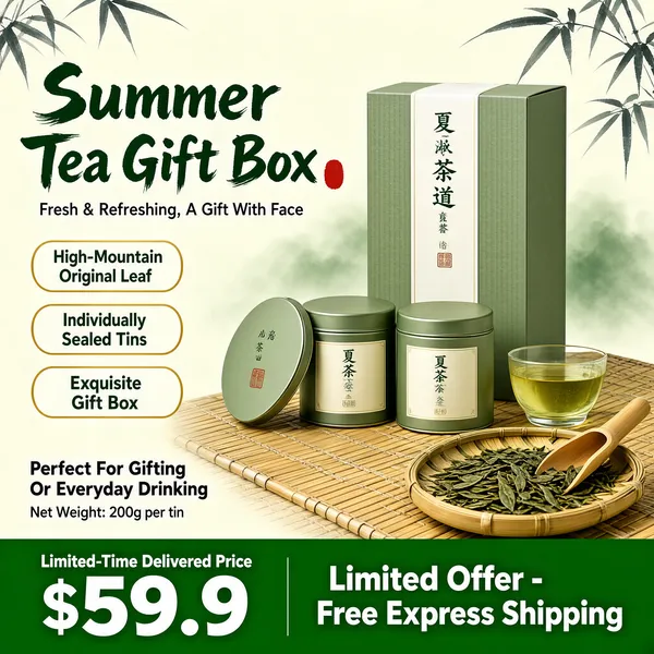 [Format]
Professional e-commerce product main image, square 1:1, serene tea-gift style blending soft ink-wash greenery with a warm promo column.

[Colors]
Background is a pale celadon-cream (#eef0e2) washed with faint grey-green ink bamboo leaves at the top corners and a misty green wash behind the product; the tins and boxes are muted sage green (#9aa88a); the bottom banner is a fresh medium green (#4d9e56) with white and dark type; headline type is deep forest green with a red seal dot. No frame border.

[Layout]
The headline block sits across the top-left; a vertical stack of three gold-outlined claim pills runs down the left side; the gift-box group fills the right two-thirds standing on a woven bamboo mat; a small tray of loose leaves and a bamboo scoop rest at the lower right; a full-width green band anchors the bottom edge.

[Subject]
No people. A sage-green rectangular gift box with a white belly-band and vertical lettering stands upright behind two squat sage-green tea tins with cream labels, one tin lid leaning open beside a small glass of pale golden-green liquor; loose flat green tea leaves are scattered on a bamboo tray with a wooden scoop, all under soft even daylight.

[Headline]
Top-left in heavy green brush-style display type: "Summer Tea Gift Box", with a small red seal mark after it; beneath in dark grey: "Fresh & Refreshing, A Gift With Face". The three gold pills read "High-Mountain Original Leaf", "Individually Sealed Tins" and "Exquisite Gift Box". Lower-left small copy: "Perfect For Gifting Or Everyday Drinking" over "Net Weight: 200g per tin".

[Badges]
Bottom green band: "Limited-Time Delivered Price" above a giant white "$59.9" and, to the right, "Limited Offer - Free Express Shipping" in bold white.

[Mood]
Calm, fresh and giftable; misty ink-green serenity wrapped around a tidy promotional offer.