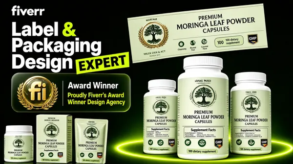 [Format]
Landscape 16:9 gig cover, dark premium supplement-and-label presentation with a floating printed label spread. High-contrast studio lighting, glossy render on the bottles, soft glow behind the group. No watermark, no personal names.

[Layout]
Very dark near-black forest-green background with a subtle vignette. A bright lime-green elliptical glow sits low-centre behind the products and acts as a stage. Top-left is a two-part text block: the lowercase "fiverr" wordmark in solid white, then a large stacked headline below it. Left-centre, a rounded translucent panel floats with two lines of award copy and, to its left, a small gold-and-glass coin emblem ringed by laurel wreaths. Top-right, a wide flat printed wrap label is shown floating and slightly angled at a larger scale than the bottles. Across the bottom-right a trio of white supplement bottles with pale sage labels stands front-facing, the centre bottle largest and forward, the outer two slightly behind. Bottom-left, a small cluster of three secondary packs — a small jar, a printed carton and a standing sachet pouch — sits lower and is partly cropped. Depth reads through the dark drop-off, the green glow and bottle shadows overlapping the lit ellipse.

[Subject]
None — typographic plus packaging. The bottles are opaque white plastic with ribbed screw caps and matte wrap labels carrying a small circular botanical tree medallion, a stacked maker wordmark, a product line, a "Supplement Facts" panel, a row of leaf-and-icon callouts and a "100 dietary supplement" chip.

[Headline]
Top-left "fiverr" wordmark in white lowercase. The stacked headline reads "Label", "Packaging" and "Design" in large white bold sans on three lines with a large lime-green ampersand between the first two, and "EXPERT" in heavy black uppercase on a bright lime-green skewed plate overlapping the lower right of the stack. The floating award panel reads "Award Winner" in white and "Proudly Fiverr's Award Winner Design Agency" in lime green. The bottle labels read "PREMIUM MORINGA LEAF POWDER CAPSULES" in stacked green serif and caps with small percentage callouts.

[Badges]
Fiverr's gold-and-glass "fi" coin emblem sits inside the award panel at left with laurel branches, and the Fiverr wordmark appears once, top-left. On the labels: small botanical tree medallions, a row of green product-claim icons, plus GMP and a small flag shield chip.

[Mood]
Palette is near-black forest green, bright lime, clean white and accents of gold. Confident, certified and sales-forward. At thumbnail size the huge white stacked headline, the lime ampersand and the green glow read as a top-rated expert cover.