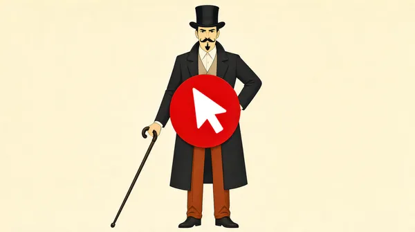 [Format]
Landscape 16:9 gig cover, flat vector illustration with muted vintage colors and simple shading. Clean lines, no watermark, no personal names.

[Layout]
A single tall figure stands centered in the frame against a solid pale cream background. The figure holds a large red circle at stomach/chest level that dominates the center of the composition. The body is visible above, behind, and below the circle, so the character frames the icon. No headline text appears; the character and icon are the entire cover.

[Subject]
A stylized man with a dark top hat, curled mustache, small goatee, and a serious expression, wearing a long dark coat over a light vest, a white collared shirt, and rust-colored trousers. He stands facing forward with one hand on his hip and the other holding a curved walking cane that extends down to the lower-left. The figure is lit evenly with soft flat shadows.

[Headline]
none — typographic only

[Badges]
A large red circular badge with a thick white mouse-pointer/cursor arrow sits at the figure's midsection, slightly overlapping his torso. The arrow points up and right.

[Mood]
Muted cream, charcoal, rust, and a single bold red accent create a vintage-meets-digital contrast. The centered icon and character read instantly as a clickable/play motif.