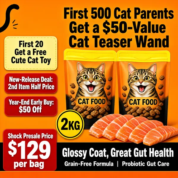 [Format]
Professional e-commerce product main image, square 1:1, busy orange cat-food presale promo with tier rewards.

[Colors]
Warm orange background with a cat-tail doodle top-left; yellow-topped kibble bags; red banner chips; orange bottom band; black text; No frame border.

[Layout]
Headline block top-right with a gift line; left column stacks a first-20 gift card, two red chips and a discount chip; two stand-up kibble bags center-right with a 2KG roundel and salmon slices in front; bottom: red price block left and dark band right with two claim lines.

[Subject]
Two stand-up cat food pouches with yellow zip tops, printed with an excited tabby cat, kibble bits and English styling text, fresh salmon fillets laid in front.

[Headline]
Top "First 500 Cat Parents Get a $50-Value Cat Teaser Wand"; left cards "First 20 Get a Free Cute Cat Toy", "New-Release Deal: 2nd Item Half Price", "Year-End Early Buy: $50 Off"; roundel "2KG"; bottom red "Shock Presale Price $129 per bag"; dark band "Glossy Coat, Great Gut Health" and "Grain-Free Formula | Probiotic Gut Care".

[Badges]
Gift cards, red chips, 2KG roundel, price block.

[Mood]
Urgent, reward-heavy presale buzz for doting cat owners.