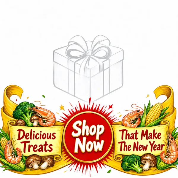 [Format]
Professional e-commerce product main image, square 1:1, hand-drawn festive food-fair style with a jolly ribbon banner across the bottom and an open white stage above.

[Colors]
A clean white field (#fdfdfd) filling most of the frame, a golden-yellow ribbon banner along the bottom with red and green food illustrations, a large red circular burst badge at the centre of the banner, and a faint grey gift-box silhouette ghosted into the middle. No frame border.

[Layout]
The upper two-thirds is open white space reserved for a product, with the faint gift-box silhouette sitting at centre. Along the bottom edge, a curved golden ribbon sweeps up at both ends, carrying hand-painted vegetables and prawns, with a big red circle at its centre and yellow message scrolls left and right.

[Subject]
A ghosted white gift box with a bow at centre as subtle filler; the illustrated bottom banner shows broccoli, prawns, mushrooms and corn spilling over the golden ribbon in a playful hand-drawn style; no people.

[Headline]
Inside the red circle: "Shop Now" in two stacked lines of bold white festival lettering with a gold rim. The left yellow scroll reads "Delicious Treats" in bold red hand-lettered caps and the right scroll reads "That Make The New Year" in matching red, together forming one continuous festive slogan across the banner.

[Badges]
The red circular burst is the only badge.

[Mood]
Joyful, appetizing and homespun; hand-drawn holiday energy on a bright ribbon, with clean white space above ready for any food product.