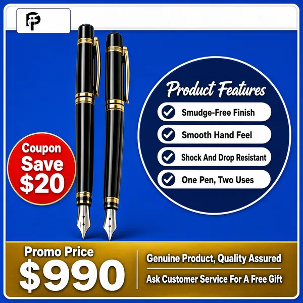 [Format]
Professional e-commerce product main image, square 1:1, bold promo style with a bright blue field, white frame and high-contrast red price marks.

[Colors]
Vivid cobalt blue #1565d8 background, inset thin white rounded-rectangle frame, a white top bar, a red discount circle and a darker blue feature roundel on the right.

[Layout]
White top bar with a logo plate spans the upper edge. Two pens stand centre-left leaning slightly toward each other. The right third is a large circular feature badge with a checklist. A red price circle sits mid-left. A gold-tinted bottom band carries the price line and slogan.

[Subject]
Two glossy black fountain pens with gold cap rings, gold clips and silver nibs, standing upright side by side, nibs down, crossing slightly.

[Headline]
On the blue roundel, white script-style "Product Features" above four white check pills: "Smudge-Free Finish", "Smooth Hand Feel", "Shock And Drop Resistant", "One Pen, Two Uses". On the red circle: "Coupon" over "Save $20". Bottom band: "Promo Price" with a giant white "$990", then "Genuine Product, Quality Assured" and "Ask Customer Service For A Free Gift" in white caps.

[Badges]
The circular product-features roundel with four check rows; small white logo plate on the top bar.

[Mood]
Confident value-driven promo; saturated blue, gold accents and a punchy red price burst.