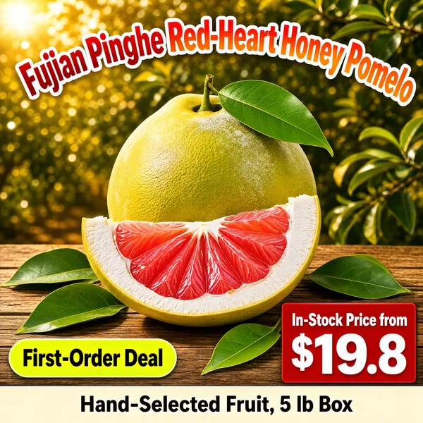 [Format]
Professional e-commerce product main image, square 1:1, orchard-fresh fruit style bathed in golden light. Sunny amber-green palette with festive red-orange type.

[Colors]
Background a blurred orchard of warm gold and olive greens from #b98a2e to #6f7d3a with bokeh sunlight and a soft flare kissing the upper-left corner. Accent spring green from leaves and pomelo skin, plus a crimson-to-orange gradient headline. The bottom strip is cream #f7f0dc with dark brown characters. No frame border.

[Layout]
The headline arcs across the top in fat gradient characters with a thin white outline. The hero pomelo group fills the centre on a rustic wood plank. A yellow-green pill sits lower-left and a red price block lower-right. A cream strip with dark text runs along the very bottom edge.

[Subject]
A large green pomelo with a single leaf attached, fronted by a cut wedge showing thick white pith and glistening red-pink flesh segments; a powdery bloom dusts the green skin, with warm afternoon light and a few scattered leaves on the planks. No people.

[Headline]
Top: "Fujian Pinghe Red-Heart Honey Pomelo" in chunky gradient characters. Lower-left pill: "First-Order Deal". Price block: "In-Stock Price from $19.8". Bottom strip: "Hand-Selected Fruit, 5 lb Box".

[Mood]
Golden, abundant and farm-fresh; honeyed orchard light on a juicy cut fruit framed by loud, confident value copy.