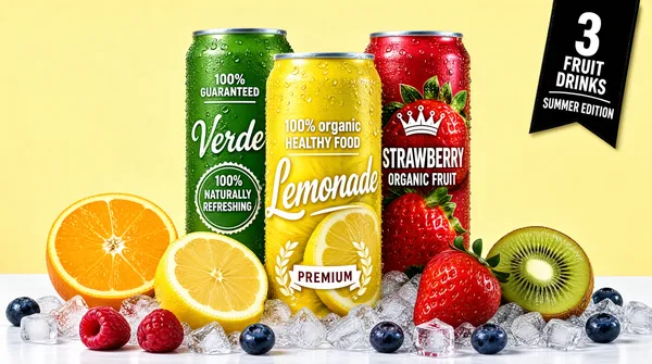 Three-Can Fruit Drink Product Shot