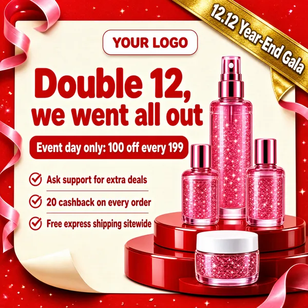 [Format]
Professional e-commerce product main image, square 1:1, festive Double-12 promo board styled as a red page with curling ribbons.

[Colors]
Background bright red (#d63a2f) with a cream page panel and curled corner, primary accent pink (#f4a7c3), secondary white, red and yellow accents, pink glitter bottles, red and gold ribbon strips. No frame border.

[Layout]
Header pill with logo centered top. A bold red headline sits on the cream page, with a red rounded bar beneath it listing the main discount. Three red check lines stack below. The hero bottles group on the right, stepping down from a red round podium. A diagonal gold ribbon with event name crosses the top-right corner.

[Subject]
Three sparkling translucent pink bottles, a tall pump spray flanked by two screw-top bottles filled with glittery rose liquid, plus a small glitter jar with a white lid in front, arranged on and around a glossy red pedestal.

[Headline]
Red heavy rounded type on cream: "Double 12, we went all out". Red bar in white: "Event day only: 100 off every 199". Red checks: "Ask support for extra deals", "20 cashback on every order", "Free express shipping sitewide".

[Badges]
Gold diagonal ribbon top-right reading "12.12 Year-End Gala"; white header logo chip "YOUR LOGO"; red discount bar.

[Mood]
Festive carnival excitement, sparkling pink glamour with coupon-driven urgency.