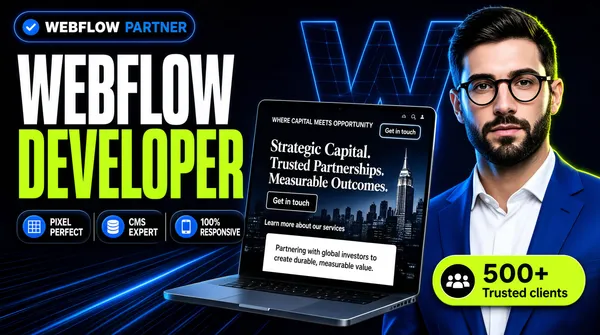 [Format]
Professional Fiverr gig cover, landscape 16:9 banner. Dark, premium SaaS-partner advertising style lit with electric blue and lime. No watermark, no personal names.

[Layout]
A near-black navy background streaked with fine blue diagonal speed lines and a large ghosted outline of the Webflow "W" logo filling the upper right, drawn as thin glowing blue lines. A big tilted laptop mockup sits centre-left; the subject occupies the right third, cropped at the chest and bleeding off the right edge.

[Subject]
On the right: a young white / Caucasian man with short dark hair, a full trimmed beard and black round glasses, wearing a bright blue suit jacket over a white shirt, looking straight at the camera with a calm, serious expression. Cool blue rim light with a lime accent separates him from the dark ground. No text or watermark on the subject.

[Headline]
Top-left: a dark rounded pill containing a blue verified-badge icon, "WEBFLOW" in bold white caps and "PARTNER" in lighter blue caps. Below, "WEBFLOW" in enormous heavy white condensed caps; then "DEVELOPER" in enormous heavy lime-green condensed caps. Beneath, a row of three dark pill chips separated by thin rules, each with a blue circular icon and two lines of small white caps: a grid icon for "PIXEL PERFECT", a database icon for "CMS EXPERT", and a phone icon for "100% RESPONSIVE".

[Badges]
Overlapping the subject's chest, a lime-green rounded pill with a black circular people icon on the left and "500+" in heavy black over "Trusted clients" in smaller black text.

[Devices]
Centre-left: a large tilted laptop showing an elegant dark finance site with a "Get in touch" button, the eyebrow line "WHERE CAPITAL MEETS OPPORTUNITY", the serif headline "Strategic Capital. Trusted Partnerships. Measurable Outcomes." over a dusky city skyline with an Empire-State-style tower, a "Learn more about our services" link, a white contact card, and a small paragraph about partnering with global investors.

[Mood]
Technical, premium and agency-grade; black ground with blue wireframe glow, lime highlights and a confident suited presence on the right.