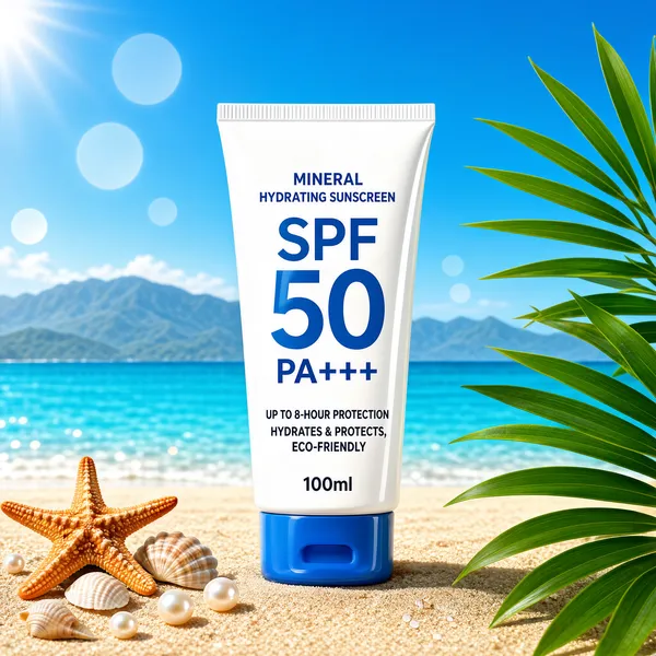 [Format]
Professional e-commerce product main image, square 1:1, sunny summer skincare-scene style with a tropical beach backdrop and clean centred product presentation.

[Colors]
Sky-to-sea gradient backdrop from azure blue (#4aa7e8) through turquoise water to warm sand (#e8d9b8), white and blue product accents, green botanical touches; No frame border.

[Layout]
The composition is a full-bleed beach diorama: bright sky with lens-flare circles at the top, a band of turquoise ocean and distant mountains mid-frame, soft sand across the lower third; the sunscreen tube stands perfectly centred and upright on the sand as the hero; a starfish rests at the lower left, scattered shells and pearls nearby, and green leafy fronds frame the right edge.

[Subject]
A glossy white squeeze tube of mineral sunscreen with a sky-blue flip cap facing the viewer; the label is printed in blue: "MINERAL HYDRATING SUNSCREEN", oversized "SPF 50" with "PA++++" beneath, then "UP TO 8-HOUR PROTECTION", "HYDRATES & PROTECTS, ECO-FRIENDLY" and "100ml"; crisp daylight, gentle reflections on the tube, no people.

[Headline]
All display copy lives on the product label in a clean blue sans-serif, hierarchy led by the giant "SPF 50" numeral pair; small caps lines above and below keep a tidy pharmacy-fresh order.

[Mood]
Fresh, hydrating and vacation-bright; sun-drenched beach light promising all-day skin protection.