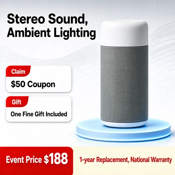 [Format]
Professional e-commerce product main image, square 1:1, clean minimal speaker showcase on a glowing pedestal.

[Colors]
Background pale gray-to-white studio gradient (#eceff3 to #ffffff) with subtle curved wave lines, primary accent vivid red price elements, secondary white product and light-blue pedestal glow, white chip cards with red tabs, No frame border.

[Layout]
Cylindrical speaker hero center-right on a round glowing pedestal; two-line black headline at top-left; left column stacks two white rounded chips with red corner tags; bottom band holds a red price tag on the left and a cream strip with red text on the right.

[Subject]
A tall cylindrical bluetooth speaker with a matte white top and a finely perforated gray fabric lower half, minimalist and modern.

[Headline]
Black headline: "Stereo Sound, Ambient Lighting". Chip one: red tag "Claim" with "$50 Coupon". Chip two: red tag "Gift" with "One Fine Gift Included". Bottom red tag: "Event Price $188". Cream strip: "1-year Replacement, National Warranty" in red. No logo chip present.

[Badges]
Two coupon/gift chips with red tabs, bottom price tag, cream guarantee strip.

[Mood]
Crisp and confident, minimalist tech presented with straightforward deal perks.