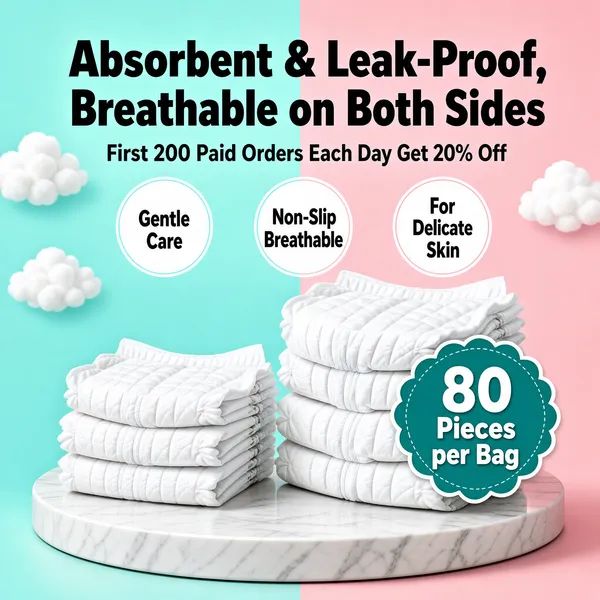 [Format]
Professional e-commerce product main image, square 1:1, fresh split-tone diaper style with airy clouds, marble podium and stacked product piles.

[Colors]
The background splits vertically — soft aqua-teal on the left (#9fd8d8), blush pink on the right (#f6bfc4); headline in black caps; three thin white outlined circles; white fluffy diaper stacks; a teal scalloped badge with white text; small white clouds drifting on both halves. No frame border.

[Layout]
The top third holds the two-line headline with a smaller sub-line beneath, then a row of three outlined circles. The centre-left carries a neat stack of folded diapers; the centre-right a taller pile; both rest on a round white marble podium at the base. A teal flower-shaped badge overlaps the right stack, clouds float mid-edges.

[Subject]
No people. Two stacks of premium white disposable diapers, softly quilted tops with elastic waistbands visible, arranged in tidy overlapping layers with a downy cotton texture; studio-soft lighting on a marble display stand.

[Headline]
Top, in heavy black caps: "Absorbent & Leak-Proof, Breathable on Both Sides". Sub-line in dark grey: "First 200 Paid Orders Each Day Get 20% Off".

[Badges]
Three white outlined circles read, left to right: "Gentle Care", "Non-Slip Breathable", "For Delicate Skin". A teal scalloped seal on the right stack states "80 Pieces per Bag" in white.

[Mood]
Fresh, airy and dependable; candy-toned split background, cloud-light softness, practical quantity messaging.