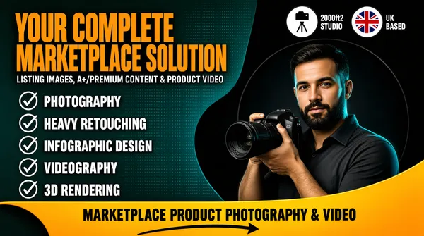 [Format]
Landscape 16:9 gig cover, dark corporate studio-service advert with a photographic portrait. Bold flat graphic shapes layered over a low-key studio photo. No watermark, no personal names.

[Layout]
The frame divides into a left type column and a right portrait column, bound together by two large curved graphic shapes. A big teal panel with a rounded right-hand bulge sits behind the left two thirds, and a large dark circle is centred behind the man's head and shoulders on the right, darkening toward its edges. At the bottom, a wide yellow-orange ribbon sweeps across the full width in a shallow arc, rising at the right, and overlaps the base of both the portrait and the teal panel; a second smaller dark crescent curls under its left end. The left column is stacked top to bottom: two huge headline lines, a thin white sub-line, then five evenly spaced checklist rows running down to the yellow ribbon. A faint dotted halftone grid textures the teal field behind the checklist.

[Subject]
One human subject: a bearded man in his thirties with short dark hair, wearing a dark collared shirt, photographed chest-up and slightly turned toward camera, holding a large black DSLR camera with a long lens up at his right shoulder, hands on the body. He occupies the right third of the frame, lit with a cool teal rim from behind and a soft key on the face, eyes calm and level at the lens.

[Headline]
Top-left, two massive lines of heavy condensed uppercase type in amber-orange: "YOUR COMPLETE" over "MARKETPLACE SOLUTION", the two lines filling about half the frame width and stacked tight with almost no leading. Beneath them a single smaller white uppercase line, "LISTING IMAGES, A+/PREMIUM CONTENT & PRODUCT VIDEO". Then five checklist rows, each a white outlined circle containing a white tick on the left and a heavy white uppercase label to its right: "PHOTOGRAPHY", "HEAVY RETOUCHING", "INFOGRAPHIC DESIGN", "VIDEOGRAPHY", "3D RENDERING". Inside the bottom yellow ribbon sits one black heavy uppercase line, "MARKETPLACE PRODUCT PHOTOGRAPHY & VIDEO", with a small black curved swoosh arrow dropping beneath its centre.

[Badges]
Top-right, two white circular badges in a row: the left one holds a line icon of a camera on a tripod with the stacked small-type caption "2000ft2 STUDIO"; the right one is a circular flag roundel in blue, white and red whose pattern reads as crossing vertical, horizontal and diagonal bars, with the caption "UK BASED" set beside it. Render both as generic icon roundels - no real corporate identity.

[Mood]
Dark studio teal, amber-orange and safety yellow against near-black, with white type and warm skin tones. Confident, industrial and agency-grade; at thumbnail size the amber headline block and the yellow ribbon bracket the man's face, so the portrait and the offer read in a single glance.