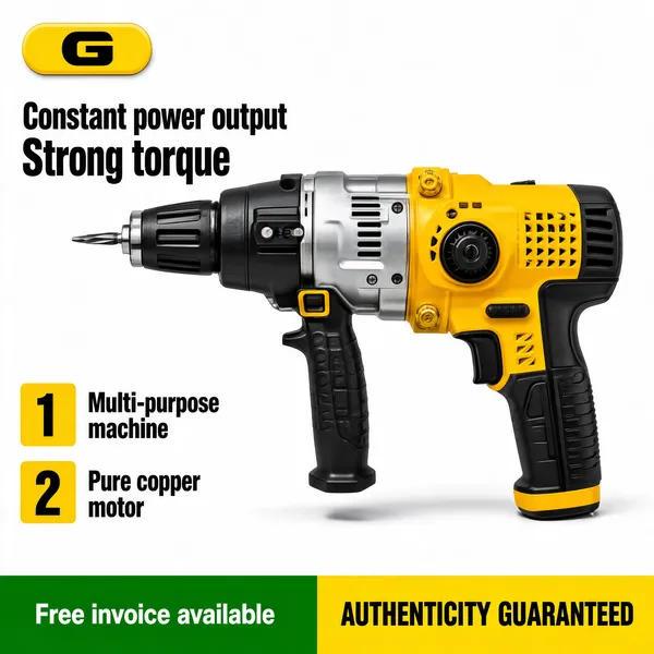 [Format]
Professional e-commerce product main image, square 1:1, high-contrast power-tool style in vivid yellow and black.

[Colors]
White #f5f5f5 background; vivid yellow #f2b705 and black tool body; yellow accent chips; a green and yellow footer band; no frame border.

[Layout]
A yellow logo pill at the top-left; the drill hero-centred facing left; numbered yellow chips down the left side; a two-tone band across the bottom edge.

[Subject]
A yellow and black rotary hammer drill with an SDS chuck and side handle, photographed at a three-quarter angle showing its silver motor housing, black grip and mode dial.

[Headline]
Left in heavy black: "Constant power output" over "Strong torque"; beneath, two yellow squares numbered "1 Multi-purpose machine" and "2 Pure copper motor" in black. Bottom band: a green segment "Free invoice available" in white and a yellow segment "Authenticity guaranteed" in black caps.

[Mood]
Powerful, workmanlike and confident; bold tool-brand energy with clean spec chips.