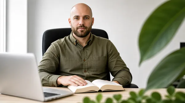 [Format]
Portrait-oriented gig cover, taller than wide, a single natural candid office photograph; soft realistic finish. No watermark, no personal names.

[Layout]
One full-bleed photograph with no text, panels, logos or graphics anywhere in the frame. The scene is a light grey-white office: the man sits centred-left at a pale wooden desk that runs along the bottom of the frame, in a black office chair whose back rises behind his shoulders. A silver open laptop occupies the bottom-left foreground, out of focus and angled toward him; a large blurred green houseplant leaf sweeps into the right third of the frame as a soft foreground element, and a second blur of green anchors the bottom edge. Depth comes entirely from shallow focus, with a sharp subject and blurred foreground and background.

[Subject]
A bald man in his early thirties with a short brown beard, wearing an olive-green button-up shirt with brown buttons; seated, leaning back comfortably with an open book resting on his lap and one hand flat on the pages, looking directly at the camera with a calm, steady, confident expression; soft even daylight from the left, waist-up.

[Headline]
none — the cover carries no text at all.

[Badges]
none.

[Mood]
Muted olive green, warm wood, grey-white and leafy green; calm, focused, quietly professional; at thumbnail size it reads as an authentic workspace portrait rather than a designed graphic.