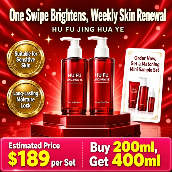 [Format]
Professional e-commerce product main image, square 1:1, festive red mega-sale promo for a skincare duo.

[Colors]
Radiant red background (#d21f26 range) with silky light rays and bokeh, glossy red pump bottles with white caps, gold and cream accent text, white gift card, red podium, yellow numeral highlights.

[Layout]
Headline across the top with a latin subline, two round gold seals stacked on the left, two red pump bottles on a podium center-right, white gift-benefit card at right, bottom bar with a big estimate price and an offer line.

[Subject]
Two tall translucent red pump bottles with white nozzles, minimal white lettering on the fronts, standing on a glossy red step podium with sparkling light streaks behind.

[Headline]
Top: "One Swipe Brightens, Weekly Skin Renewal" in bold white, subline "HU FU JING HUA YE". Gold seals: "Suitable for Sensitive Skin" and "Long-Lasting Moisture Lock". White card: "Order Now, Get a Matching Mini Sample Set" with tiny product photos. Bottom: "Estimated Price $189 per Set" on the left, "Buy 200ml, Get 400ml" with numerals oversized.

[Badges]
Two gold round seals left; white gift card right; wide pink-bottom offer banner.

[Mood]
Celebratory, glamorous and gift-ready, a double-figure shopping-festival frenzy.