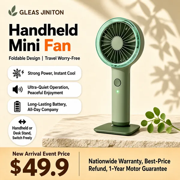 Professional e-commerce product main image, square 1:1, soft natural lifestyle-gadget style with a warm sunlit garden mood.

[Colors]
Background is a warm cream-beige interior wall (#efe6d8 range) washed with leaf shadows and soft sunlight; the fan is sage green (#a8c098) with a darker green base; headline type is charcoal black with "small fan" in orange; feature pills are white with grey text; the bottom band is warm sand with dark brown type. No frame border.

[Layout]
The left column stacks the top logo bar, the two-line headline with a sub-line, three icon feature rows and a circular mode badge; the right half shows the fan standing upright on a pale stone slab beside a small green sprig; a full-width sand-coloured banner anchors the bottom with price and warranty copy.

[Subject]
No people. A slim handheld portable fan in matte sage green, standing vertically on its flat base: a round turbo grille with a mint-tinted transparent ring and visible blade disc, a smooth cylindrical handle with a power button and a small green indicator light, plus a fold-out base joint; warm sunlight and soft leaf shadows fall across the stone surface.

[Headline]
Top-left in heavy charcoal sans-serif: "Handheld Mini" with "Fan" in orange; beneath, a lighter line "Foldable Design | Travel Worry-Free". Three white pill rows with dark icons: "Strong Power, Instant Cool", "Ultra-Quiet Operation, Peaceful Enjoyment", "Long-Lasting Battery, All-Day Company". A circular badge with two arrows reads "Handheld or Desk Stand, Switch Freely".

[Badges]
Bottom sand banner: "New Arrival Event Price" above a huge brown "$49.9", then bold dark text "Nationwide Warranty, Best-Price Refund, 1-Year Motor Guarantee".

[Mood]
Gentle, breezy and reassuring; soft garden-light warmth making a small summer gadget feel calm and dependable.