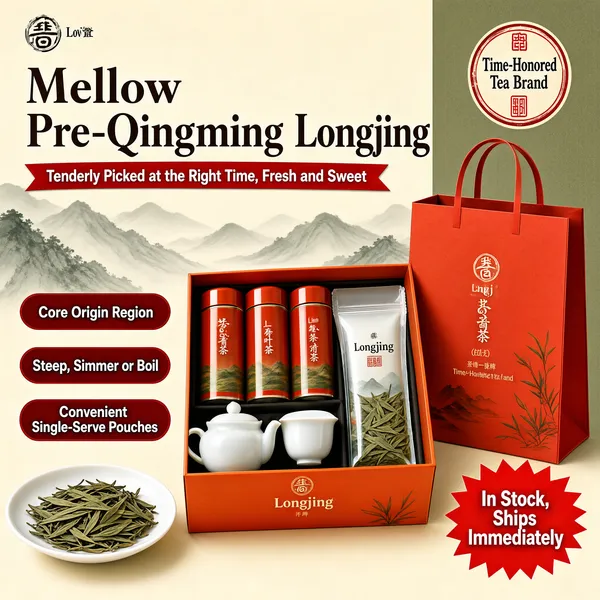 [Format] Professional e-commerce product main image, square 1:1, refined Chinese tea-gift presentation with ink-wash mountain scenery.
[Colors] Warm cream backdrop in the #efe8da range washed with soft gray-green ink-wash peaks, accented by vermilion #d94f2b, deep brown typography and a muted olive-gray right panel; no frame border.
[Layout] A small logo sits top-left; the brand headline and a red ribbon subtitle occupy the upper third; the open gift set fills the right half beside a red paper gift bag; a column of three dark-red claim pills runs down the left above a white dish of dry leaves; a round seal badge decorates the upper right.
[Subject] An open orange-red gift box holding four glossy tea tins, a white porcelain teapot with a small cup, and a sealed pouch of flat green Longjing leaves, with loose leaves on a white plate at lower left.
[Headline] Mellow Pre-Qingming Longjing in large brown serif characters; subtitle Tenderly Picked at the Right Time, Fresh and Sweet in white on red; claims read Core Origin Region, Steep, Simmer or Boil, and Convenient Single-Serve Pouches; the seal announces a Time-Honored Tea Brand.
[Badges] A jagged red starburst tag proclaims In Stock, Ships Immediately in white.
[Mood] Elegant, festive and trustworthy for gifting.