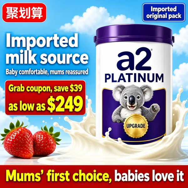 [Format]
Professional e-commerce product main image, square 1:1, bright family-trust infant-formula advertising style.
[Colors]
Light sky-blue background around #cfe8f7 with soft cloud shapes and a milk splash sweeping across the lower third; red and yellow promo accents; white can body with a deep purple lid.
[Layout]
Promo badges across the top corners; headline block on the left; formula can hero on the right; coupon slab and price at mid left; a full-width red slogan bar at the bottom.
[Subject]
A tall white infant-formula tin with a deep purple lid and an "a2 PLATINUM" label, a small koala bear mascot and a gold upgrade badge on the front, standing beside a dynamic splash of milk with two fresh strawberries at the bottom left. Glossy commercial product photography. No people.
[Headline]
Left side, big white heavy sans-serif: "Imported milk source"; below it a white sub-line: "Baby comfortable, mums reassured"; a red slab with yellow bold text: "Grab coupon, save $39"; then an oversized yellow price line "as low as $249". Bottom red bar with bold yellow and white caps: "Mums' first choice, babies love it".
[Badges]
Top left, a red rounded badge for the juhuasuan deals platform; top right, a blue badge reading "Imported original pack".
[Mood]
Bright, reassuring and deal-driven; milky blues with urgent red-and-yellow promo blocks, classic mother-and-baby retail energy.