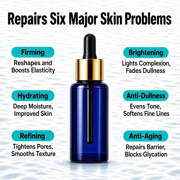 [Format]
Professional e-commerce product main image, square 1:1, clinical skincare infographic style on a rippling white-water background with a symmetrical six-benefit layout.

[Colors]
Bright white background textured with soft grey water caustics and ripples; the serum bottle in deep navy blue with a gold collar; six teal pill labels (#3fb6c9) with dark captions; headline in black caps across the top. No frame border.

[Layout]
The headline spans the top edge. The bottle stands dead-centre, dropping into its shadow below. Three benefit pairs flank it symmetrically — two per row down each side — each a teal pill above a two-line grey caption, evenly spaced like a spec diagram.

[Subject]
No people. A cylindrical glass serum bottle in rich cobalt-navy with a broad polished gold collar and a long black dropper pipette seated at the top; smooth studio reflections, the glass glowing faintly against the pale liquid light of the backdrop.

[Headline]
Top, in heavy black caps: "Repairs Six Major Skin Problems". The six teal pills with captions read: "Firming — Reshapes and Boosts Elasticity"; "Hydrating — Deep Moisture, Improved Skin"; "Refining — Tightens Pores, Smooths Texture"; "Brightening — Lights Complexion, Fades Dullness"; "Anti-Dullness — Evens Tone, Softens Fine Lines"; "Anti-Aging — Repairs Barrier, Blocks Glycation".

[Mood]
Clean, clinical and convincing; laboratory calm on white water, one confident blue bottle, benefit-first symmetry that reads at a glance.