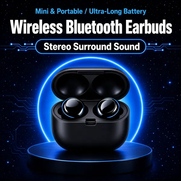 [Format]
Professional e-commerce product main image, square 1:1, sleek tech-noir style with wireless earbuds in a glowing blue halo against a starry midnight field.

[Colors]
A deep space-navy background (#0d1330) with a fine starfield; a glowing electric-blue ring of light behind the case (#2f6bff); black earbuds and case; white and blue display type.

[Layout]
A small blue feature line sits at the very top; the two-line title follows with a blue outlined pill beneath it; the open charging case fills the centre on a dark round podium inside the blue glow ring; circuit-line accents flank the pill.

[Subject]
Centre: a matte-black wireless earbuds case opened to show two round glossy earbuds nested inside, soft blue rim light tracing the curves; faint starlight and circuit traces in the dark. No people.

[Headline]
Top small blue caps: "Mini & Portable / Ultra-Long Battery"; then "Wireless Bluetooth Earbuds" in very heavy white caps; beneath, a blue outlined pill with white text "Stereo Surround Sound".

[Mood]
Sleek, tech-noir and immersive; midnight blue with an electric halo and floating starlight.