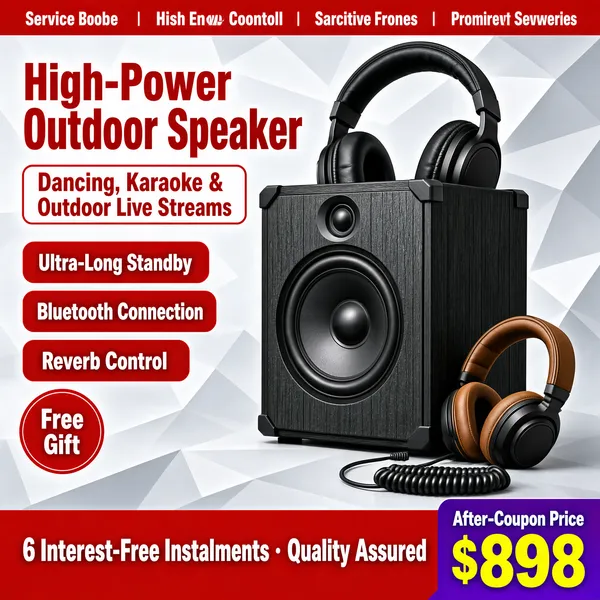 [Format]
Professional e-commerce product main image, square 1:1, bold gadget-promo style with a faceted light backdrop, red accent type and dense feature pills.

[Colors]
Light silver-grey background of angular low-poly facets (#e3e4e6); display type in strong red (#d5222a); feature pills alternating red-outline and solid red with white text; black product hardware grounding the palette. A slim top bar, red and white. No frame border.

[Layout]
A full-width service strip caps the top edge. The upper-left holds the two-line headline; feature pills march down the left side; the product cluster occupies the right half at large scale; the bottom quarter is a solid red band carrying instalment text with a purple price corner at bottom-right.

[Subject]
No people. A chunky black wooden-cabinet speaker shown at a dynamic angle, its large woofer and tweeter facing outward, with black over-ear headphones draped around its top edge and a smaller brown-and-black headphone set resting at its base connected by a coiled cable; matte textures, punchy contrast.

[Headline]
Top-left in heavy red caps, two lines: "High-Power" and "Outdoor Speaker". Below it a red outlined pill reading "Dancing, Karaoke & Outdoor Live Streams". Solid red pills down the left: "Ultra-Long Standby", "Bluetooth Connection", "Reverb Control". A red circle tag with "Free Gift" sits by the small headphone. Bottom red band: "6 Interest-Free Instalments · Quality Assured" in white; the purple corner shows "After-Coupon Price" small over "$898" in huge yellow numerals.

[Mood]
Loud, feature-packed and value-forward; faceted grey with urgent red stamps, built for quick scanning.