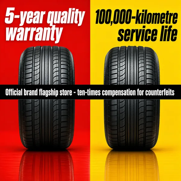 [Format]
Professional e-commerce product main image, square 1:1, split-panel auto-parts style pitting one confident claim against another.

[Colors]
Background splits vertically down the centre: saturated promo red (#e03427 range) on the left, bright marigold yellow (#f7c31d range) on the right. Accents are white italic type, black italic type, and glossy black rubber. A black band crosses the middle. No frame border.

[Layout]
One tire stands upright on each half, softly reflected on the ground. The top corners carry one headline claim per side. A full-width black band runs across the exact middle, holding a single line of white text, passing behind both tires.

[Subject]
Two identical performance car tires photographed straight-on, deep black rubber with fine circumferential grooves and dense siping, subtle sheen along the shoulders, faint mirror reflections beneath each on the flat coloured floor. No people.

[Headline]
Top-left, heavy white italic display caps on red: "5-year quality warranty". Top-right, heavy black italic display caps on yellow: "100,000-kilometre service life".

[Badges]
The centre black band carries one line of bold white caps spanning both panels: "Official brand flagship store - ten-times compensation for counterfeits".

[Mood]
Assertive, warranty-led and garage-tough; clashing red and yellow halves with mirror-black tires, durability promised in giant italics.