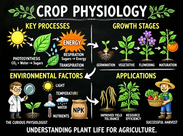 The infographic titled "CROP PHYSIOLOGY" is presented in a chalkboard-style design with white, yellow, green, and orange text and illustrations, giving it an educational and visually engaging appearance. The overall layout is structured into four main quadrants connected by white arrows, forming a flowchart that illustrates the interconnectedness of plant physiological processes and their applications in agriculture. The subtitle at the bottom reads: "UNDERSTANDING PLANT LIFE FOR AGRICULTURE." At the top center, the title "CROP PHYSIOLOGY" is written in large, bold, white chalk-style font, flanked by decorative leafy vines drawn in white and light green. The infographic is divided into four primary sections: 1. **KEY PROCESSES (Top Left)** This section outlines three fundamental biological processes in plants: - **PHOTOSYNTHESIS**: Illustrated with a sun emitting rays toward a green leaf. Text below reads: "CO₂ + Water → Sugars". - **RESPIRATION**: Depicted with an orange burst labeled "ENERGY", with text: "Sugars → Energy". - **TRANSPIRATION**: Shown with a leaf and blue water droplets rising from it, indicating water loss through leaves. These processes are visually grouped under the heading "KEY PROCESSES" in bold yellow font. 2. **GROWTH STAGES (Top Right)** This section displays the sequential development of a plant through four illustrated stages: - **GERMINATION**: A seed sprouting roots and a shoot. - **VEGETATIVE**: A small plant with several green leaves. - **FLOWERING**: A plant with two purple flowers. - **MATURATION**: A ripe orange fruit (resembling a tomato or peach) on a stem. Each stage is connected by white arrows, and the entire sequence is labeled "GROWTH STAGES" in bold yellow font. 3. **ENVIRONMENTAL FACTORS (Bottom Left)** This section lists four critical external factors influencing crop physiology: - **LIGHT**: Illustrated with a sun icon. - **TEMPERATURE**: Represented by a red thermometer. - **WATER**: Shown as a cloud with raindrops. - **NUTRIENTS**: Depicted as a brown sack labeled "NPK". These are listed vertically under the heading "ENVIRONMENTAL FACTORS" in bold yellow font. To the left, there is an illustration of a cartoon scientist labeled "THE CURIOUS PHYSIOLOGIST," holding a magnifying glass over a young plant, symbolizing scientific observation and research. 4. **APPLICATIONS (Bottom Right)** This section highlights practical outcomes of understanding crop physiology: - **IMPROVED YIELD** - **STRESS TOLERANCE** (illustrated with a wilted plant next to a healthy one) - **RESOURCE EFFICIENCY** These are listed vertically under the heading "APPLICATIONS" in bold yellow font. To the right, a cartoon farmer labeled "SUCCESSFUL HARVEST" holds a basket of vegetables, standing beside healthy crops, symbolizing the end goal of agricultural success. The connections between sections are indicated by white curved arrows: - From "KEY PROCESSES" to "ENVIRONMENTAL FACTORS" (leftward). - From "GROWTH STAGES" to "APPLICATIONS" (rightward). - From "ENVIRONMENTAL FACTORS" to "APPLICATIONS" (rightward). The visual style uses hand-drawn, chalk-like illustrations with vibrant colors against a dark gray/black background, creating a classroom or science fair aesthetic. All text is legible and consistently formatted, with headings in bold yellow, subheadings in white, and descriptions in smaller white or colored fonts. The infographic effectively communicates how understanding plant physiology leads to better agricultural practices and outcomes.