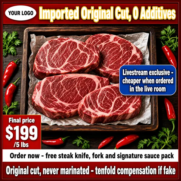 [Format]
Professional e-commerce product main image, square 1:1, bold appetite-driven fresh-meat advertising style with rich butcher reds and dramatic food photography.

[Colors]
Deep red banner accents (#c0272d range) over a dark wooden set, crimson marbled meat tones, bright yellow and white type; a thin dark-red frame border around the whole image.

[Layout]
A red ribbon banner across the top; the hero steak photograph filling the middle; a blue claim tag at mid-right; a red price block in the bottom-left corner; a white claim strip and a red headline bar along the bottom; a small white oval chip with "YOUR LOGO" top-left.

[Subject]
No people. Thick raw beef steaks with heavy marbling resting in a dark wooden tray lined with wax paper, fresh red pepper and greens scattered beside, overhead studio lighting with a glistening fresh-cut texture.

[Headline]
Top red ribbon in bold yellow-edged white caps: "Imported Original Cut, 0 Additives". White strip above the bottom bar, dark bold text: "Order now - free steak knife, fork and signature sauce pack". Red bottom bar, heavy white caps: "Original cut, never marinated - tenfold compensation if fake".

[Badges]
Mid-right, a blue rounded tag in white text: "Livestream exclusive - cheaper when ordered in the live room". Bottom-left red price block: "Final price" small, "$199" huge white, "/5 lbs" beside it.

[Mood]
Hearty, high-protein and trustworthy; deep butcher-shop reds with juicy photographic detail built for impulse hunger buys.