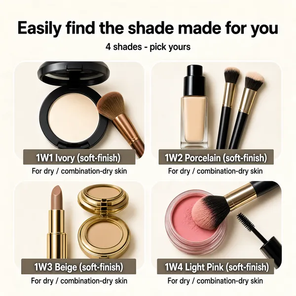 [Format]
Professional e-commerce product main image, square 1:1, shade-selection guide layout in a clean beige beauty-catalogue style.

[Colors]
Background is warm off-white; primary accents are black headline type, taupe name plates, and the natural cosmetic tones of powders, foundation and blush. No frame border.

[Layout]
Top centre: a bold two-line headline with a small sub-line. Below, a 2x2 grid of rounded photo tiles, each with a black name plate overlapping its bottom edge and a small grey suitability note beneath.

[Subject]
Four beauty flat-lays: an open black compact of ivory pressed powder with a bronze blush brush; a glass foundation bottle with black pump beside two brushes; a gold-cased rose-beige lipstick standing beside gold compacts; a fluffy brush dipped in rose-pink blush over an open jar with a mascara wand nearby.

[Headline]
Top: "Easily find the shade made for you" in heavy black display caps, with "4 shades - pick yours" beneath. Taupe name plates in white text: "1W1 Ivory (soft-finish)", "1W2 Porcelain (soft-finish)", "1W3 Beige (soft-finish)", "1W4 Light Pink (soft-finish)", each with a grey note "For dry / combination-dry skin".

[Badges]
No badges; the plates and notes structure the guide.

[Mood]
Helpful, boutique and orderly; warm neutrals with crisp black type and inviting makeup textures.