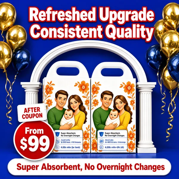 [Format]
Professional e-commerce product main image, square 1:1, celebratory nursery-product style with a classical arch set and glossy 3D props.

[Colors]
Bright royal blue #2f6fd6 background; white architectural arch and columns; gold metallic balloons at the corners; white product packs with warm orange flower prints; a red price badge and a white offer pill.

[Layout]
The headline spans the upper edge in two lines. Centre stage: two diaper packs standing side by side framed by the white arch and columns. A red circular badge overlaps the lower-left of the packs; a wide white pill runs along the bottom.

[Subject]
Two white diaper pack boxes with carry handles, printed with an illustrated white / Caucasian couple in green and yellow clothing holding a swaddled baby, plus orange floral motifs and small text panels. Gold and dark-blue balloons float at the left and right edges.

[Headline]
Top, heavy red-outlined white caps on two lines "Refreshed Upgrade" and "Consistent Quality". Bottom, a wide white rounded pill with red bold text "Super Absorbent, No Overnight Changes".

[Badges]
Lower-left, a red circle badge with white "From $99" after-coupon pricing and a small white tag above it.

[Mood]
Festive, trustworthy and nursery-fresh; celebratory blue with gold balloons and clean white packaging.