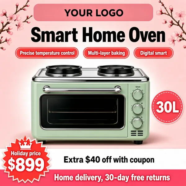 [Format]
Professional e-commerce product main image, square 1:1, soft romantic home-appliance advertising style with a pastel floral touch.

[Colors]
Background is a pale blush-pink (#f7e3df) with gentle radial lightening behind the product; primary accents are deep charcoal for the headline, coral-pink pills, and the mint-green oven body. Delicate pink blossom branches enter the top corners. No frame border.

[Layout]
Top: a dusty-pink rounded header band with "YOUR LOGO". Below, the headline centred; under it a row of three pink-outlined feature pills. Centre: the oven photographed straight-on. Right-middle: a pink circular capacity badge. Bottom: a white band with a coupon offer and a pink strip with delivery promise; bottom-left a price burst.

[Subject]
A retro-style countertop electric oven in pastel sage green with a chrome top holding two black hot-plate burners, a wide glass door with a silver handle, three control dials on the side and ventilation slats; clean studio lighting with a soft shadow beneath.

[Headline]
Upper centre: "Smart Home Oven" in very heavy black display caps. Beneath: three rounded pills with white text "Precise temperature control", "Multi-layer baking" and "Digital smart". Right side: a pink dashed circle badge reading "30L". Bottom band: black text "Extra $40 off with coupon", then a pink strip with white caps "Home delivery, 30-day free returns". Bottom-left burst: "Holiday price $899" with the number in huge white.

[Badges]
A small crown-topped price burst at bottom-left is the only stamp.

[Mood]
Sweet, domestic and reassuring; pastel pink and sage green with tidy pill furniture and a friendly retro appliance hero.